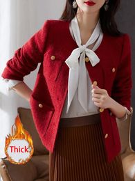 Jmprs Vintage Women Christmas Red Tweed Jacket French Winter Thick Elegant Coat Sweet O Neck Single Breasted Female Outwear Warm 240118