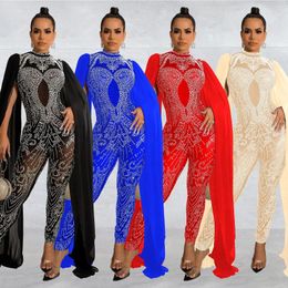 Women's Pants 2024 Spring And Summer Perm Diamond Mesh Sheer Trousers Sleeveless Shoulder Shawl Jumpsuit