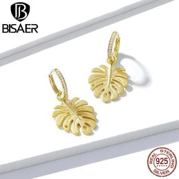 Earrings BISAER 925 Sterling Silver Palm Monstera Leaf Drop Earrings For Women Vintage Fashion Silver Leaves Earrings Jewellery EFE223