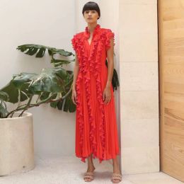 Ladies Fashion Summer New High Quality Red Sweet Celebrity Slim Vintage Elegant Chic Vacation Casual Party Ruffled Midi Dress