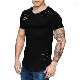 Men's Suits A2008 Nieuwe Zomer Korte Mouw T-shirt Mannen Mode Gat Ontworpen Fitness Effen Kleur Slim Fit Hip Hop 'S Tshirt