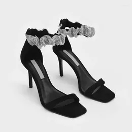 Sandals 2024 Spring Women's Rhinestone Square Toe High Heels Sandalias Ladies Temperament Sexy Word With Stiletto Pumps Heel