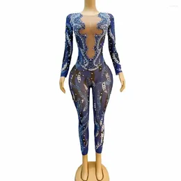 Stage Wear Sexy Flashing Blue Pearls Rhinestones Stretchy Jumpsuit Dance Nightclub Performance Prom Party Po Shoot Costume