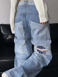 Damen Jeans Harajuku Vintage Cargo hoch taillierte Frauen Y2k Hip Hop Baggy Wide Leg Denim Hosen beiläufige lose Hosen Streetwear Pocketsyolq
