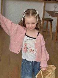 재킷 2024 스프링 뉴 Ldren 긴 슬리브 니트 재킷 솔리드 여자 카디건 코트 느슨한 어린이 면화 패션 패션 베이비 옷 h240508