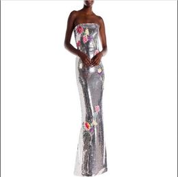 Silvery Strapless Christmas Party Long Evening Dresses Women Spring Basic Bodycon Embroidery Lace Sequin Prom Dresses Femme