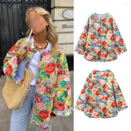 Women's Trench Coats Casual Warm Thick Flare Sleeve Panel Contrast Cotton Jacket Flower Print Cardigan Autumn Winter 2024