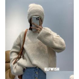 Womens Sweaters Woman Beige Grey Boxy Alpaca Wool Blend Knits Round Neck Oversized Jumper Drop Shoder Long Sleves Loose 2022 Winter De Dhkp6