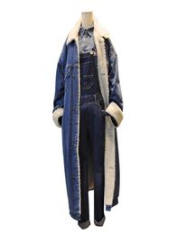 WholeMen Women Long Denim Trench Jacket High Street Fashion Hip Hop Winter Thick Cashmere Jean Trench Coat Windbreaker Male O8618399