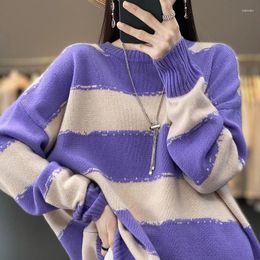 Women's Sweaters Striped Round Neck Long Sleeve Colour Matching Cashmere Sweater Padded Loose Raglan Sleeves Pure Wool