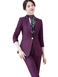 Women's Two Piece Pants Elegant Ladies Pant Suit Women Purple Blue Black Solid Formal Blazer And Trouser Female Business Work Wear 2 Set