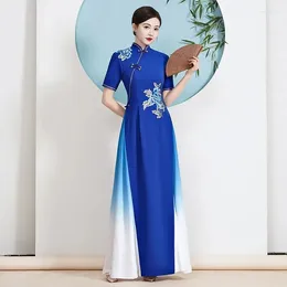 Ethnic Clothing 2024 Ao Dai Cheongsam Folk Style Vietnam Chiffon Aodai Elegant Women Flower Embroidery Traditional Dress Oriental Qipao