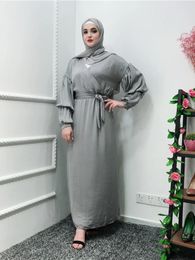 Ethnic Clothing Plain Abaya Muslim Long Dress With Belt Women Ramadan Eid Puff Sleeve Islamic African Clothes Dubai Turkish Kaftan