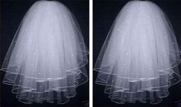 2022 Two Layer Short Tulle Wedding Bridal Veils With Beading Ribbon Edge Accessories For Bridal3880910