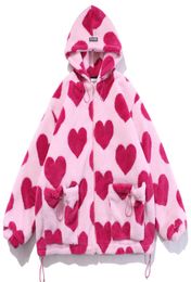 Cute Heartshaped Print Lambswool Winter Jacket Men Drawstring Pockets Zipper Hooded High Street Warm Couple Streetwear4641992