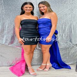 Sexy Strapless Short Prom Dress Sheath Black With Hot Pink Bow Train Evening Dress Beautiful Senior Homecoming Graduation Dress 2024 Fitted Special Occasion Party