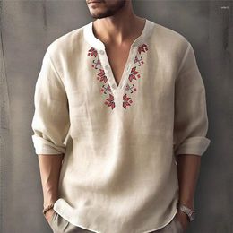 Men's Polos Men Shirt Tops Solid V-neck Long Sleeve Blouse Pullover Tunic Tee Casual Fashion Chest Pattern Print Streetwear
