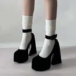 Dress Shoes Solid Concise Black Pumps Platform High Heels Suede Thick Bottom Chunky Heeled Single Women