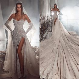 Elegante abito da sposa a sirena senza spalline Sweetheart con paillettes Abiti da sposa Staccabile con spacco laterale Sweep Floor Abiti da sposa