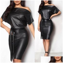 Basic & Casual Dresses Slim Dresses Black Asymmetrical Y Faux Leather Bodycon Dress Women Summer Short Sleeve Knee Length Drop Delive Dhb4D