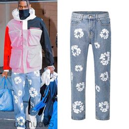 Flower Full Print Jeans Pants Oversized Streetwear Straight Casual Men and Women Denim Trousers 3H5K QNEN