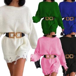 Women's Sweaters Long Sleeved Hem Torn Sweater 2024 European And American Autumn Winter Solid Round Neck Loose Knit Pullover