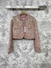 AutumnWinter Heavy Industry Gold Sequin Red Plaid Round Neck Thick Tweed Short Jacket Women Long Sleeve Coat 240118