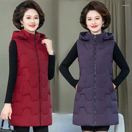 Women's Vests Sleeveless Winter Jacket Women 2024 Mid-length Coats Down Vest Keep Warm Elegant Hooded Button Padded Lady Cotton Overcoat H36