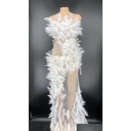 Basic & Casual Dresses Casual Dresses Women Y Rhinestones See Through Mesh Mticolor Feathers Long Dress Evening Wedding Party Singer Dhauc