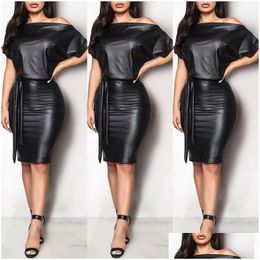 Basic Casual Dresses Black Asymmetrical Sexy Faux Leather Bodycon Dress Women Summer Long Sleeve Knee Length Pencil Drop Delivery Dhpfo