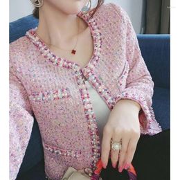 Women's Jackets Women Clothing Round Neck Long Sleeves Wool Coat Pink Tweed Jacket Korean Fashion Crop Tops Beading Outerwear Mujer