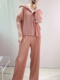 Women's Two Piece Pants Autumn Miyak Pleated Fashion Women Sets High Street Solid Loose Large Size Hooded Coat And Pant Two-piece Suit