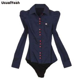 Women's Blouses Shirts New Fashion Elegant Long sleeve Cotton OL Body Shirt Office Ladies Bodysuit Button Design Dark Blue White Red S-3XL Plus Size YQ240119