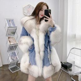 Women's Trench Coats Women Faux Fur Denim Patchwork Jacket Down Cotton Padded Parkas Medium Length Thickened Imitation Jeans Cardigan