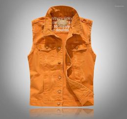 Men039s Jackets Fashion Orange Denim Vest Ripped Jacket Casual Vests Men Retro Sleeveless Slim Fit Jeans Tank Top Plus Size9152889