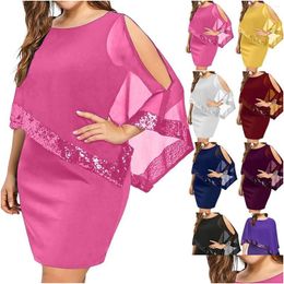 Basic & Casual Dresses Casual Dresses Elegant For Women Lace Cold Shoder Overlay Asymmetric Chiffon Strapless Sequins Dress Vestidos Dhcgl