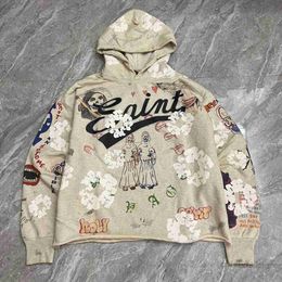 Falection Mens 22ss Saint Michael Flower Printed Distressed Hoodie Holes Sweatshirt Men Top Pullover L8T1