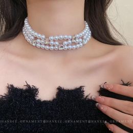 Choker Crystal Inlaid Geometric Multi-layer Pearl Necklace French Retro Beaded Collarbone Chain Luxury Neck Decoration For Women