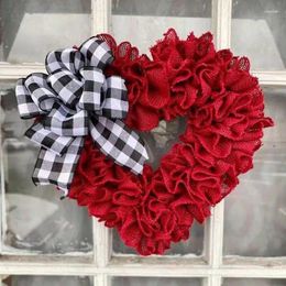 Decorative Flowers Heart Wreath Valentines Day Cloth Plaid Bow Decor Front Door Farmhouse Valentine's Decoration Wedding Hanging