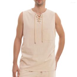 Men's Casual Shirts Summer Linen V-neck Sleeveless T-shirt Breathable Loose Cotton T Shirt Lightweight Drawstring Short Sleeves