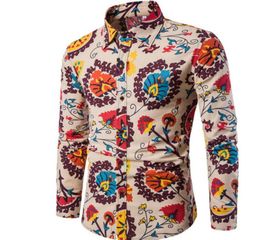 Brand Clothing Print Shirt Male Flax Casual Dress Shirts Slim Fit Turn Down Men Long Sleeve Men S Hawaiian Shirt Big Sizes Quality4451657