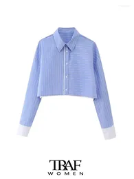 Women's Blouses Women Fashion Striped Poplin Cropped Shirts Vintage Long Sleeve Button-up Female Blusas Chic Tops