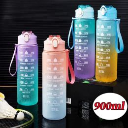 900ML Sports Water Bottle with Time Marker High Temperature Resistant Rainbow Frosted Progressive Color Plastic Bottle BPA Free 0119