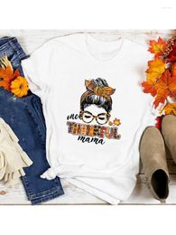 Women's T Shirts One Thankful Mama ShirtThankful Messy Bun TShirt Thanksgiving Mom Gift Life T-Shirt Womens Fall Tee Outifts