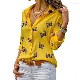 Women's Blouses Fashion Butterfly Print Women Blouse Shirt Long Sleeve Turn-down Collar Casual Buttons Tops Elegant Ladies Office Shirts
