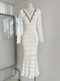 Casual Dresses Temperament Spring Mink Velvet Spelling Rhinestone Lace Women's V-neck Long Sleeve Slim Mermaid White Dress