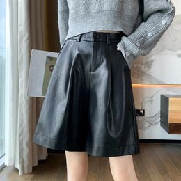 Women's Pants Autumn Winter Faux PU Leather Half 2024 High Waist Buttons Female Classic Wide Leg Loose Trousers Pockets