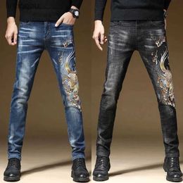 Men's Jeans Mens Dragon Embroidery High Quality Denim PantsSlim-fit Stretch Scratches Casual JeansWhite-washed Jeans Pants;L240119