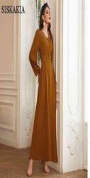 Modest Ginger Satin Maxi Dres for Women Eid Selfbelted Handmade Diamond Lantern Sleeve Moroccan Dubai Clothes 2105179793649