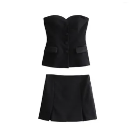 Women's Shorts Women Black Skirt Sets Fashion High Waist Slits Side Zip Mini Skirts Woman Sexy Strapless Bustier Style Top Suits